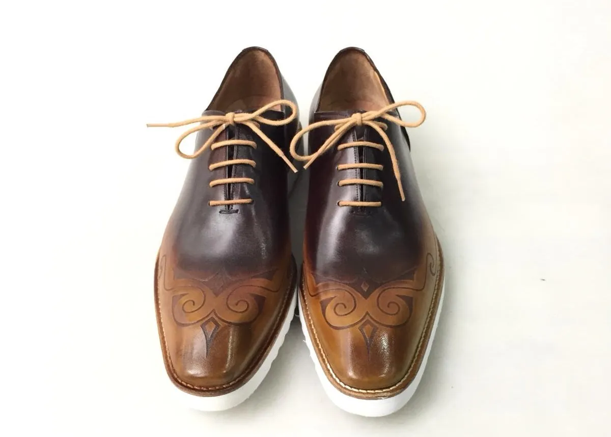 TucciPolo Mens Exclusive Handmade Italian Leather two tone Brown Oxford Style Casual Sneaker Dress Shoes