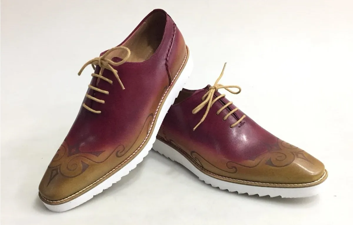 TucciPolo Mens Exclusive Handmade Italian Leather two tone Burgundy-Beige Oxford Style Casual Sneaker Dress Shoes