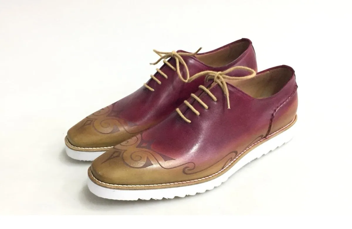 TucciPolo Mens Exclusive Handmade Italian Leather two tone Burgundy-Beige Oxford Style Casual Sneaker Dress Shoes