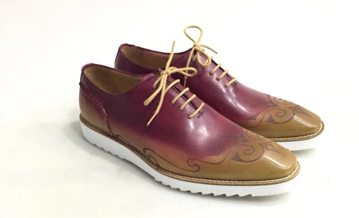 TucciPolo Mens Exclusive Handmade Italian Leather two tone Burgundy-Beige Oxford Style Casual Sneaker Dress Shoes