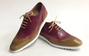 TucciPolo Mens Exclusive Handmade Italian Leather two tone Burgundy-Beige Oxford Style Casual Sneaker Dress Shoes