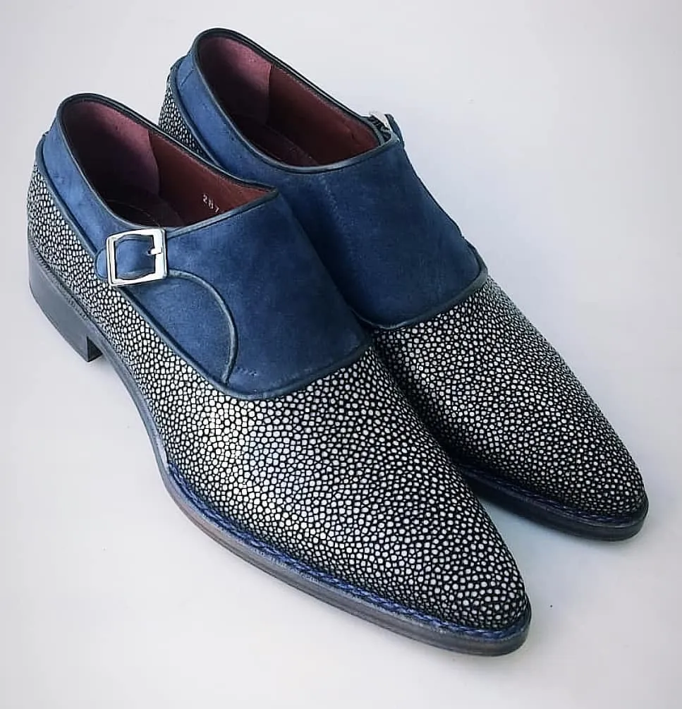 TucciPolo Mens Genuine Blue Stingray with Half Suede HandWelted Handmade Monkstrap Pointed Toe Shoe
