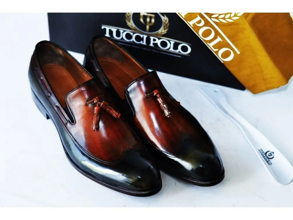 TucciPolo Mens Handcrafted Italian Leather Tassel Two Tone Green & Tan Luxury Loafers Shoe
