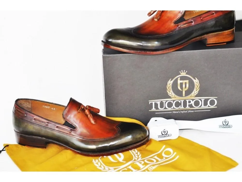 TucciPolo Mens Handcrafted Italian Leather Tassel Two Tone Green & Tan Luxury Loafers Shoe