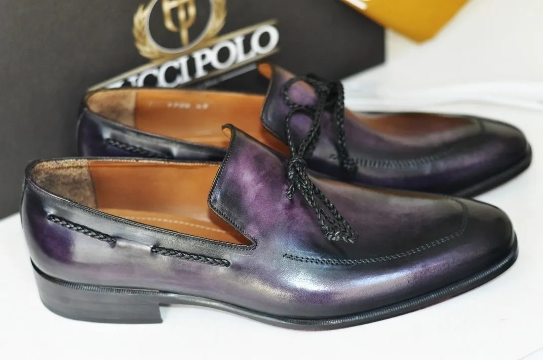 TucciPolo Mens Handcrafted Purple Italian Calfskin Luxury Slip on Loafers