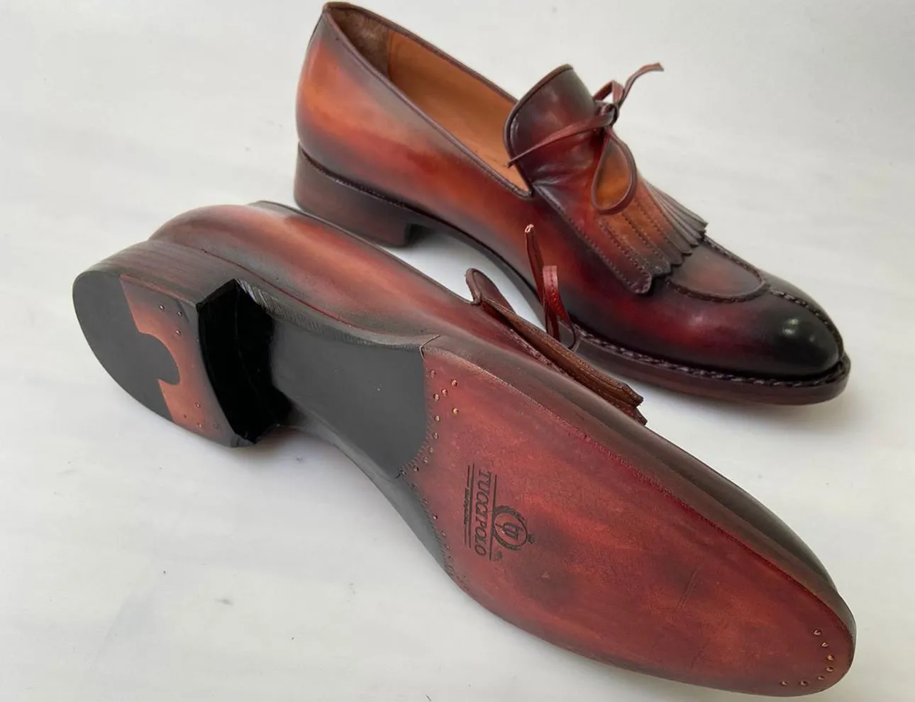 TucciPolo Mens Handcrafted Split Toe Hand Welted Stitched Chocolate-Brown Loafers