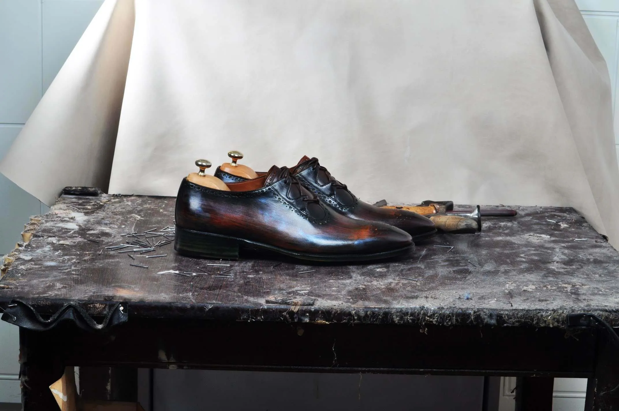 TucciPolo Mens Handmade Burnished Brown Oxford Italian Leather Luxury HandPolished Shoe