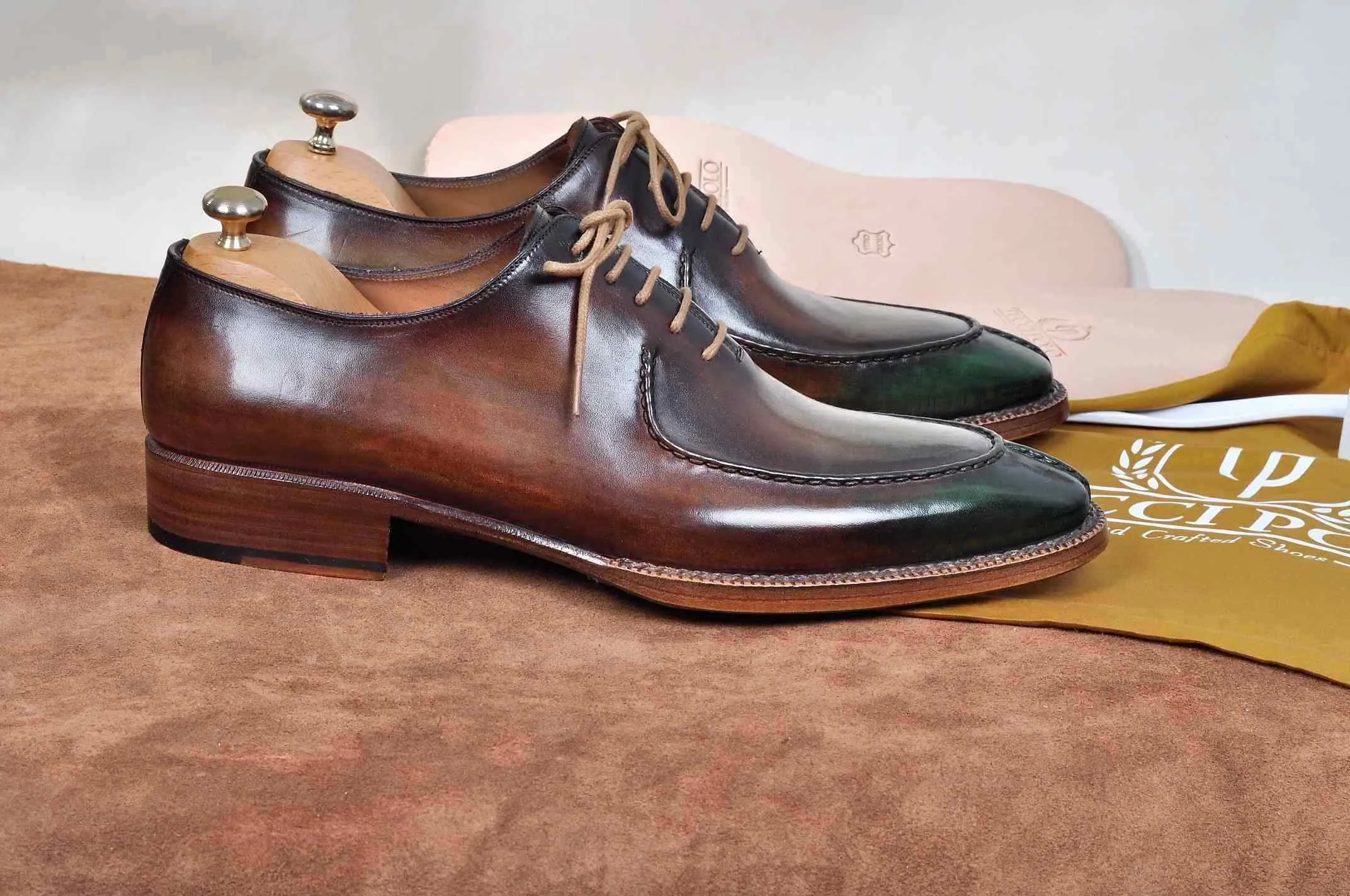 TucciPolo Mens Handmade Greenish Brown Oxford Side Handsewn Welted Italian Leather Core Luxury Shoe