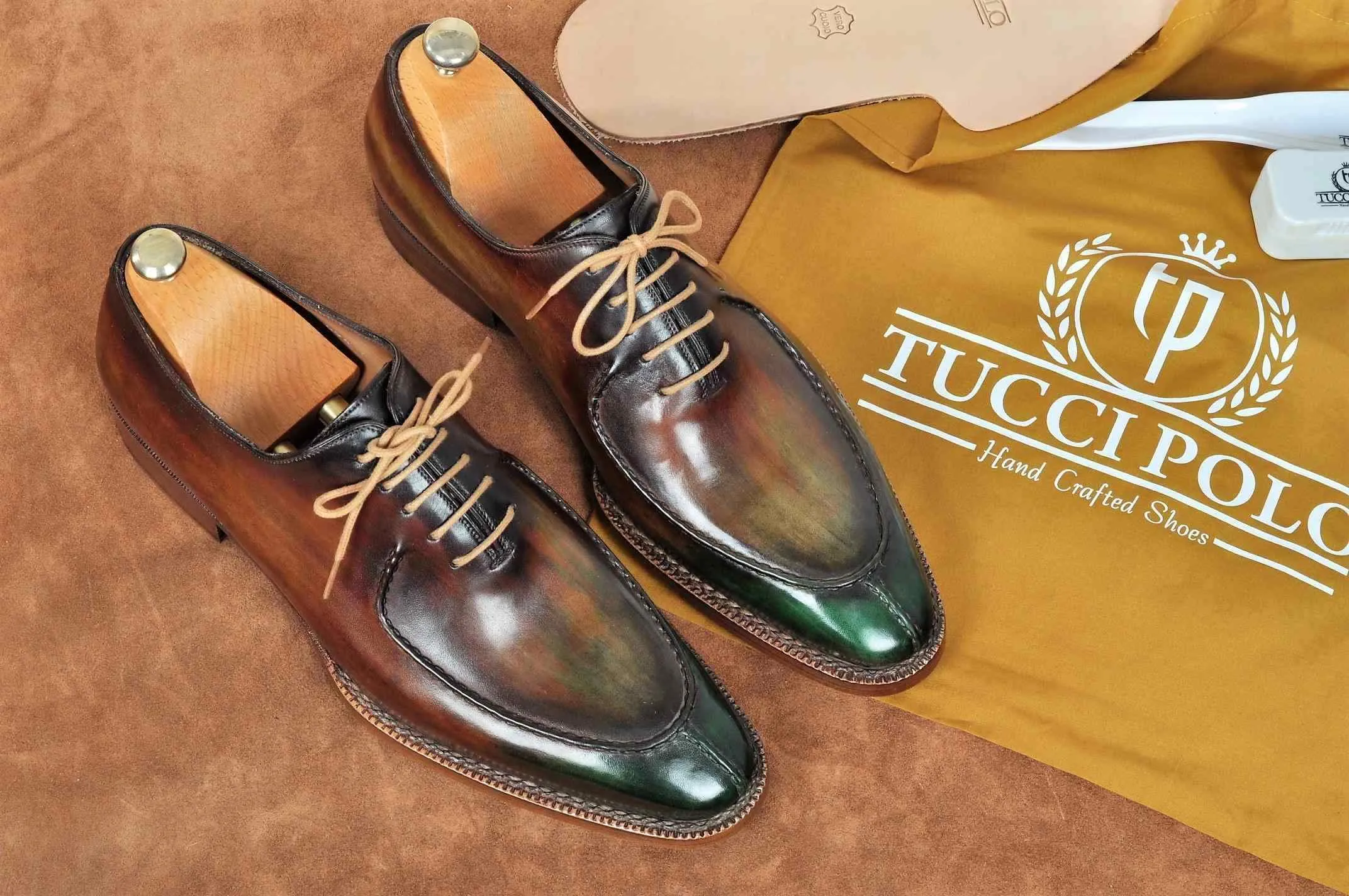 TucciPolo Mens Handmade Greenish Brown Oxford Side Handsewn Welted Italian Leather Core Luxury Shoe