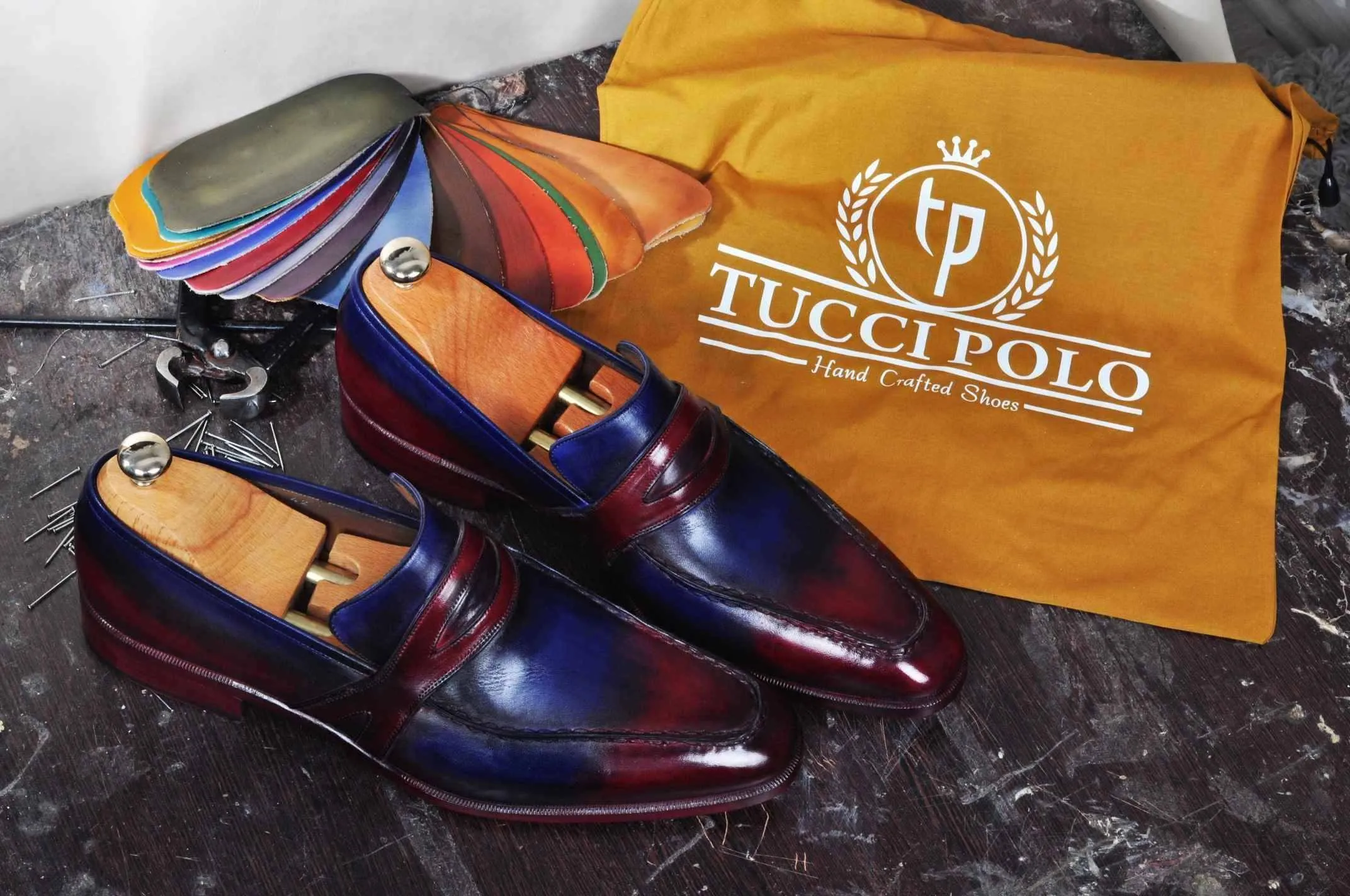 TucciPolo Mens Handmade Italian Leather Luxury Two Tone Blueish Burgundy Loafers Shoe