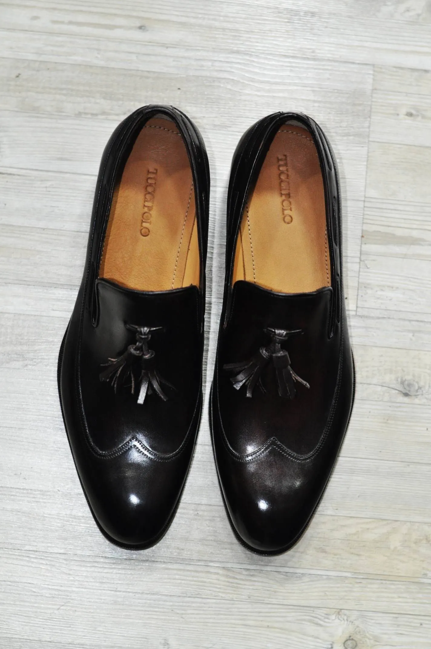 TucciPolo Mens Handmade Italian Leather Tassel Black Luxury Loafers Shoe