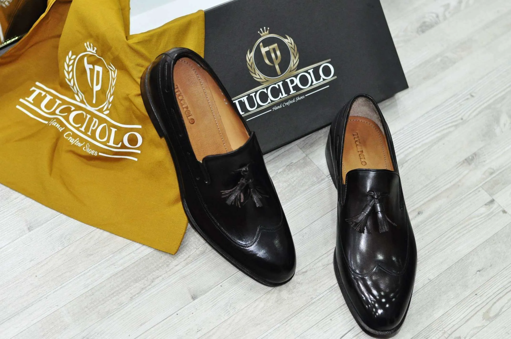 TucciPolo Mens Handmade Italian Leather Tassel Black Luxury Loafers Shoe