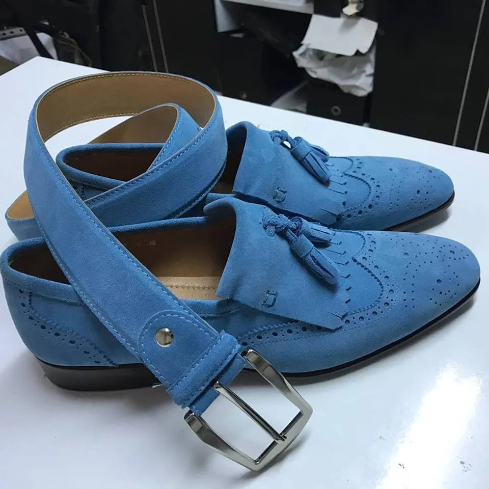 TucciPolo Mens Handmade Luxury Blue Suede Tassel Loafers