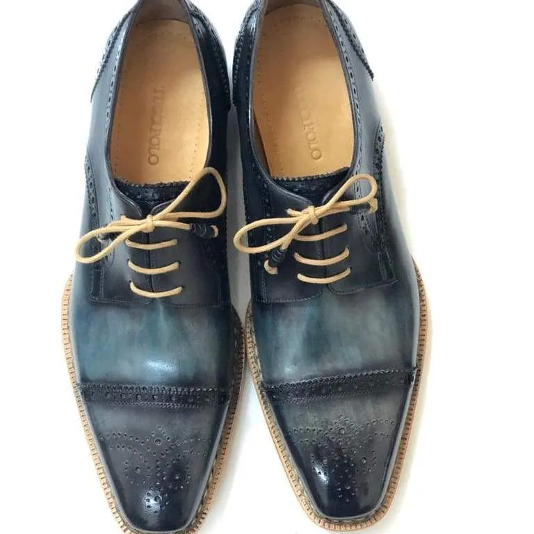 TucciPolo Mens Handmade Luxury Grey Handstitched Welted Derby Captoe Brogue Italian Leather Shoes