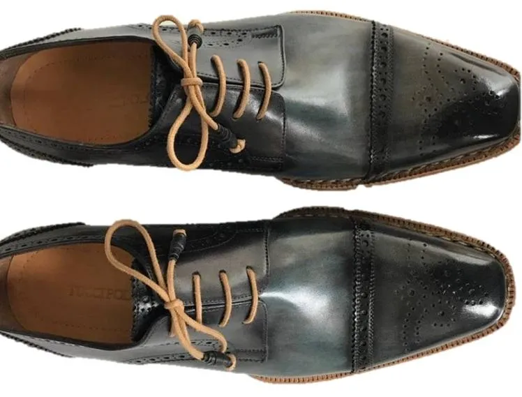 TucciPolo Mens Handmade Luxury Grey Handstitched Welted Derby Captoe Brogue Italian Leather Shoes