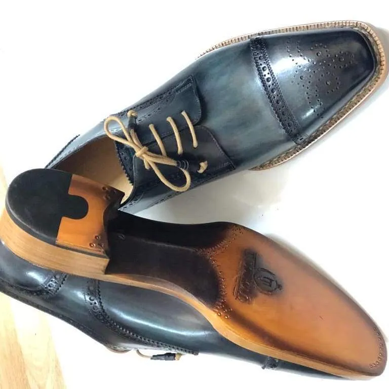 TucciPolo Mens Handmade Luxury Grey Handstitched Welted Derby Captoe Brogue Italian Leather Shoes