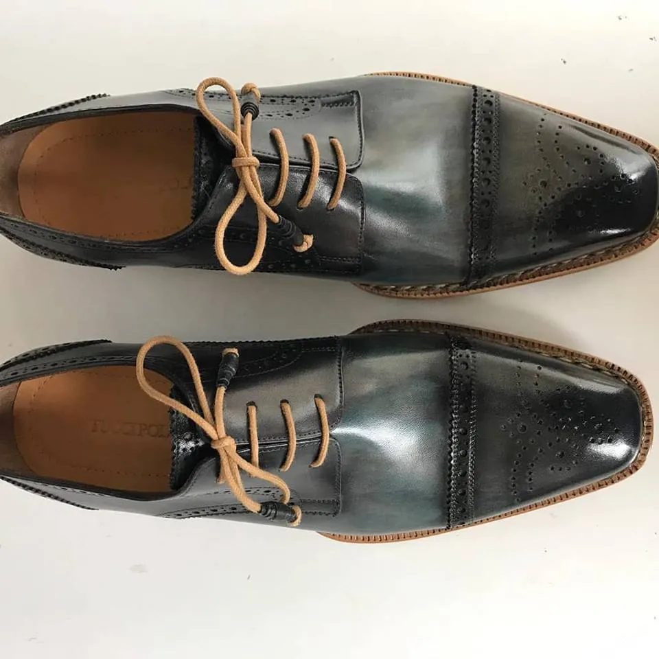 TucciPolo Mens Handmade Luxury Grey Handstitched Welted Derby Captoe Brogue Italian Leather Shoes