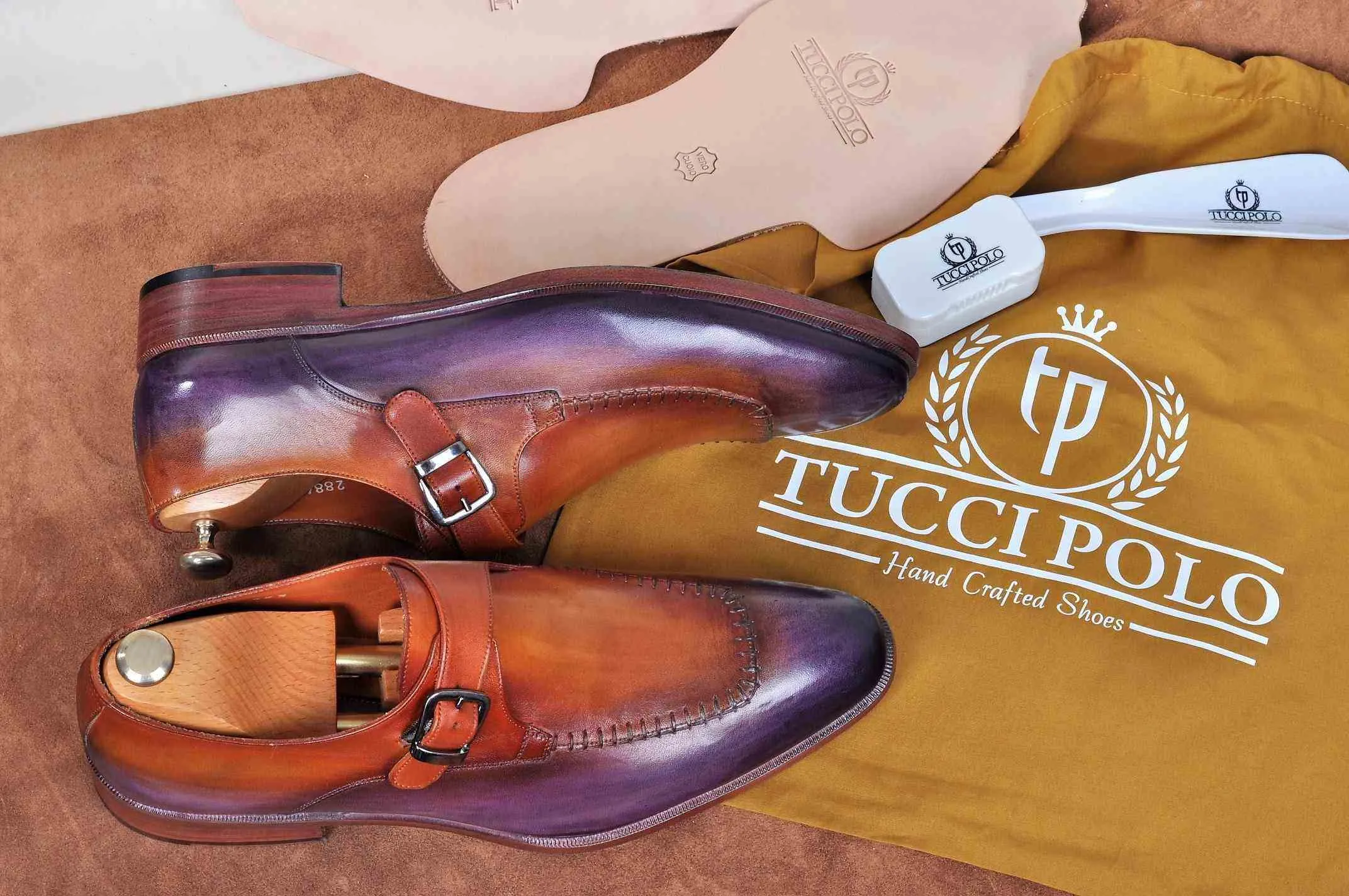 TucciPolo Mens Handmade Purple Brown Single Buckle Monkstrap Italian Leather Luxury Shoe