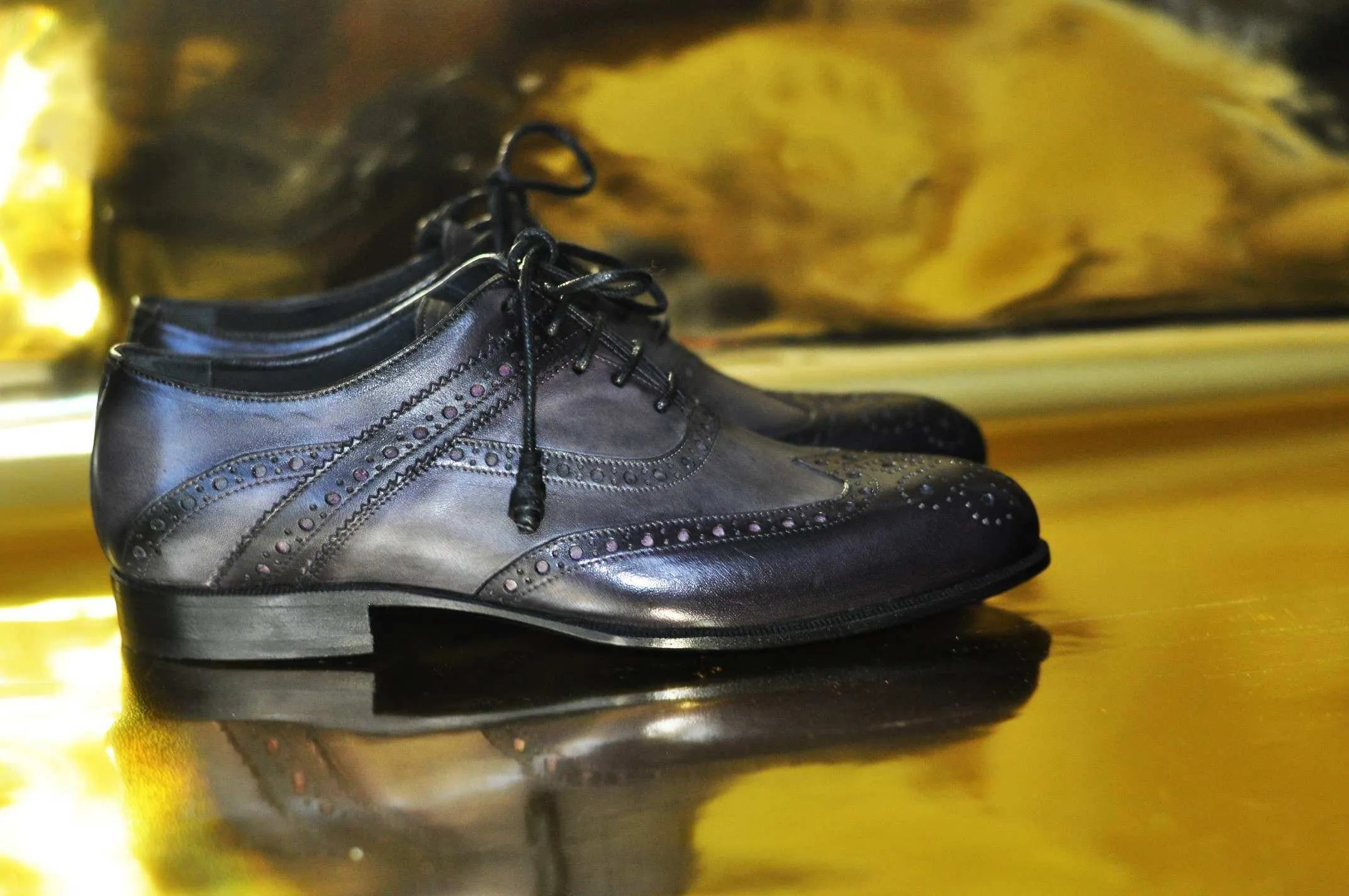 TucciPolo Mens Handmade Wingtip Oxford Style Bleached Black Luxury Shoe