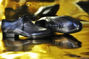 TucciPolo Mens Handmade Wingtip Oxford Style Bleached Black Luxury Shoe