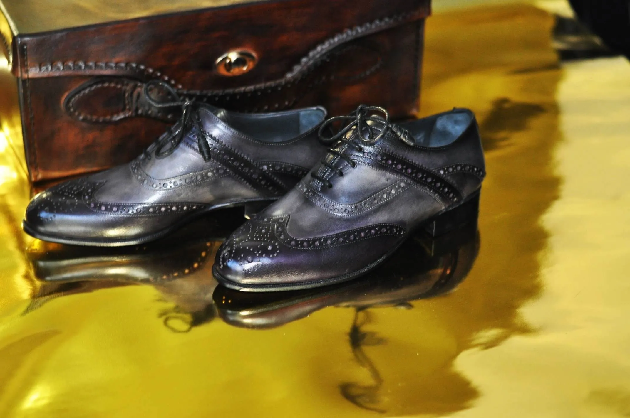 TucciPolo Mens Handmade Wingtip Oxford Style Bleached Black Luxury Shoe