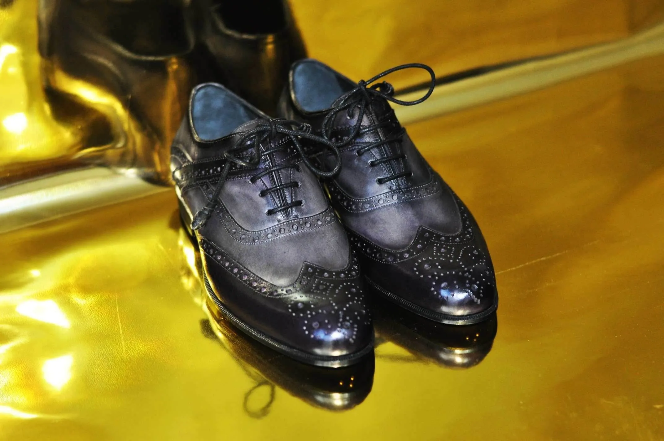 TucciPolo Mens Handmade Wingtip Oxford Style Bleached Black Luxury Shoe