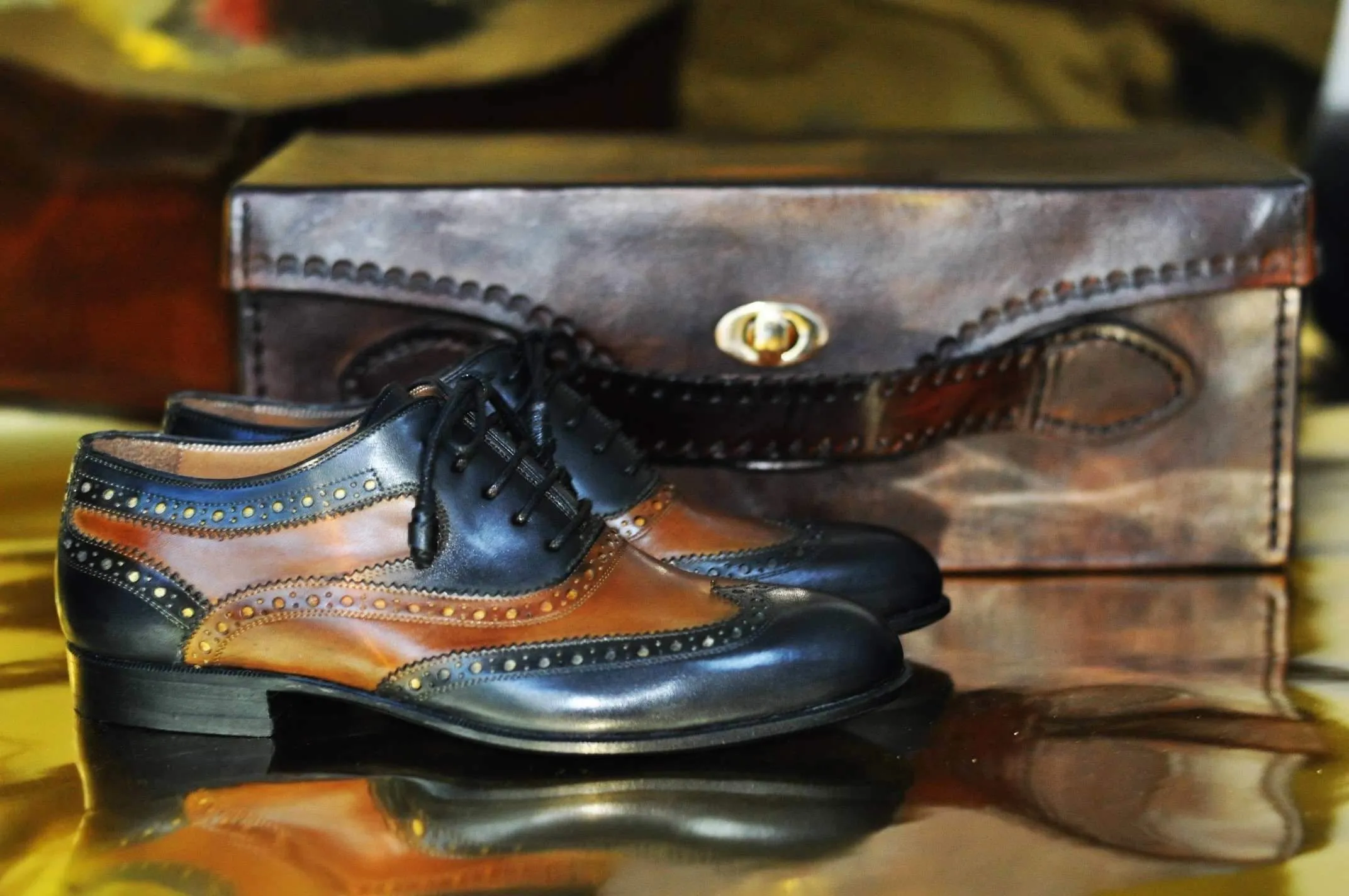 TucciPolo Mens Handmade Wingtip Oxford Style Two Tone Brown and Black Luxury Shoe