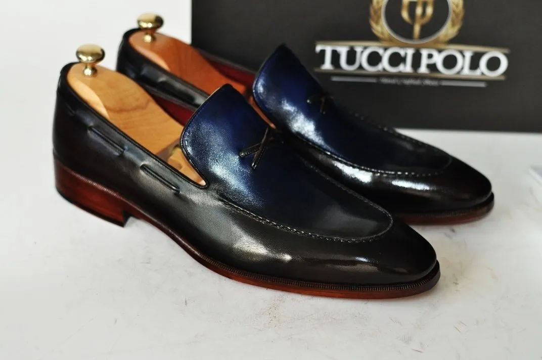TucciPolo Mens Luxury Handmade Italian Leather Mixed Tone Blue and Brown Loafers Shoe