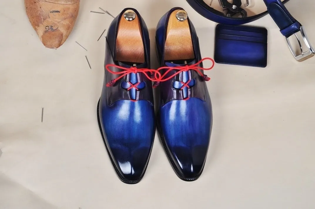 TucciPolo Mens Oxford Handmade Classic Blue with Red Wrapped Laces Luxury Italian Leather Shoe
