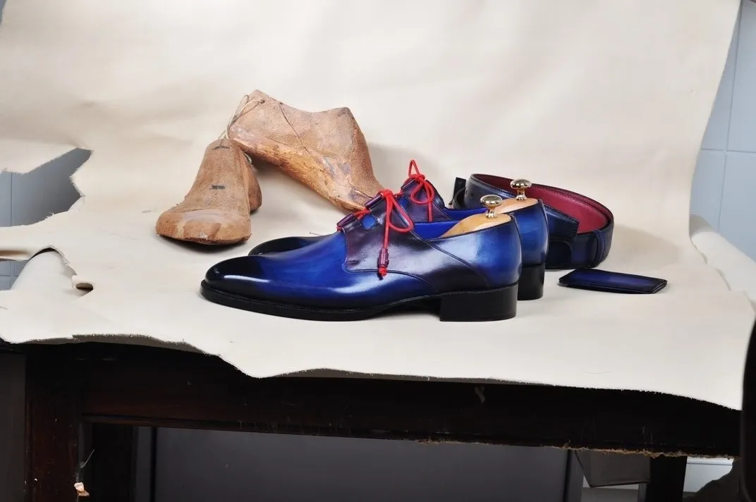 TucciPolo Mens Oxford Handmade Classic Blue with Red Wrapped Laces Luxury Italian Leather Shoe