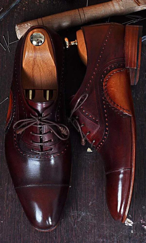 TucciPolo Mens Oxfords Burgundy Naturally Tanned Calfskin Handmade Welted Italian Leather Core Luxury Shoe