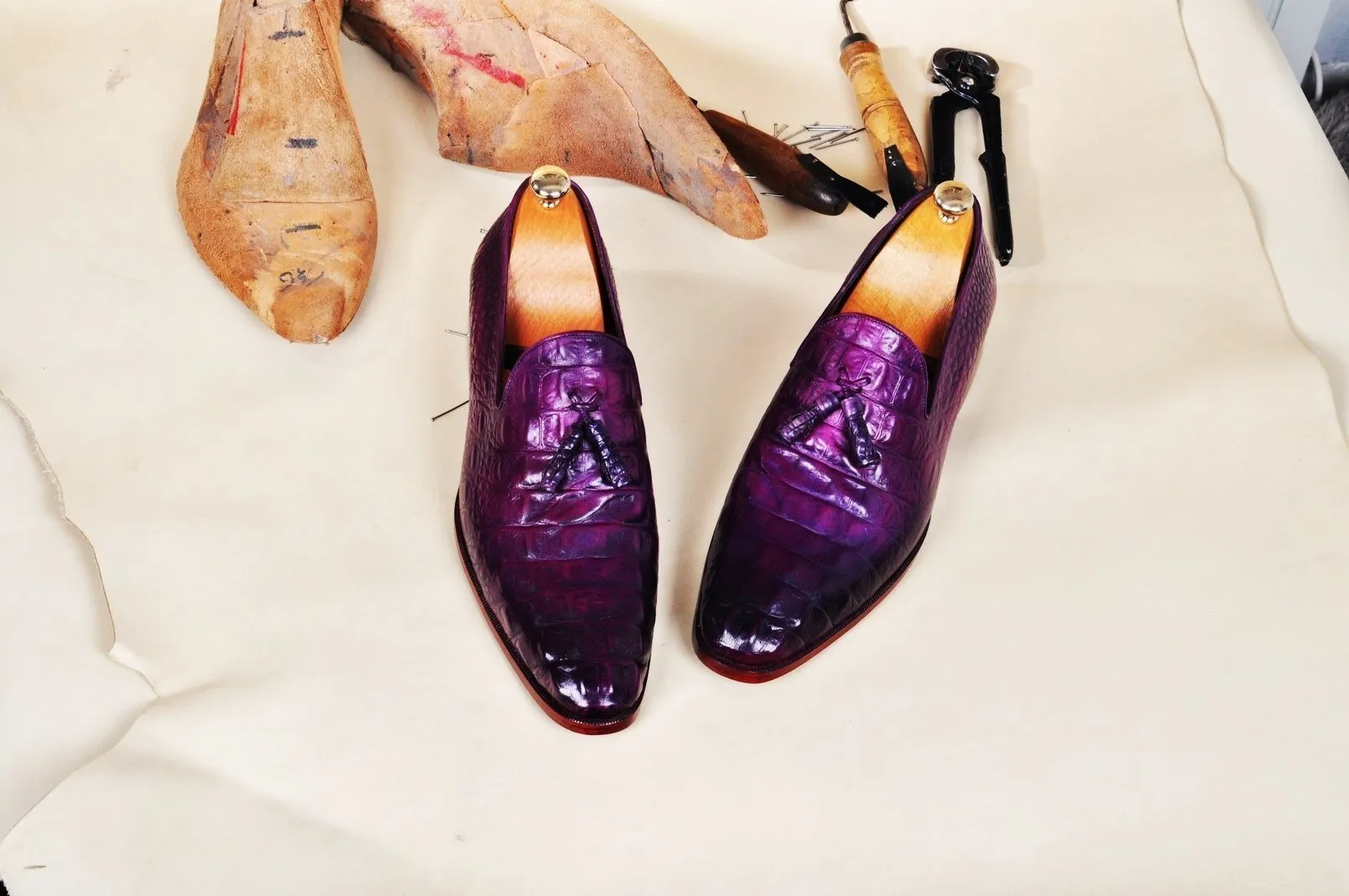 TucciPolo Men's Purple Crocodile Embossed Calfskin Luxury Tassel Loafer