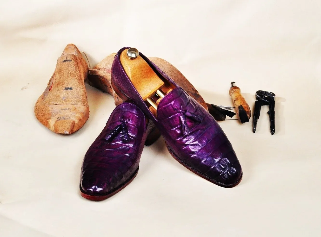 TucciPolo Men's Purple Crocodile Embossed Calfskin Luxury Tassel Loafer