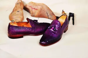 TucciPolo Men's Purple Crocodile Embossed Calfskin Luxury Tassel Loafer