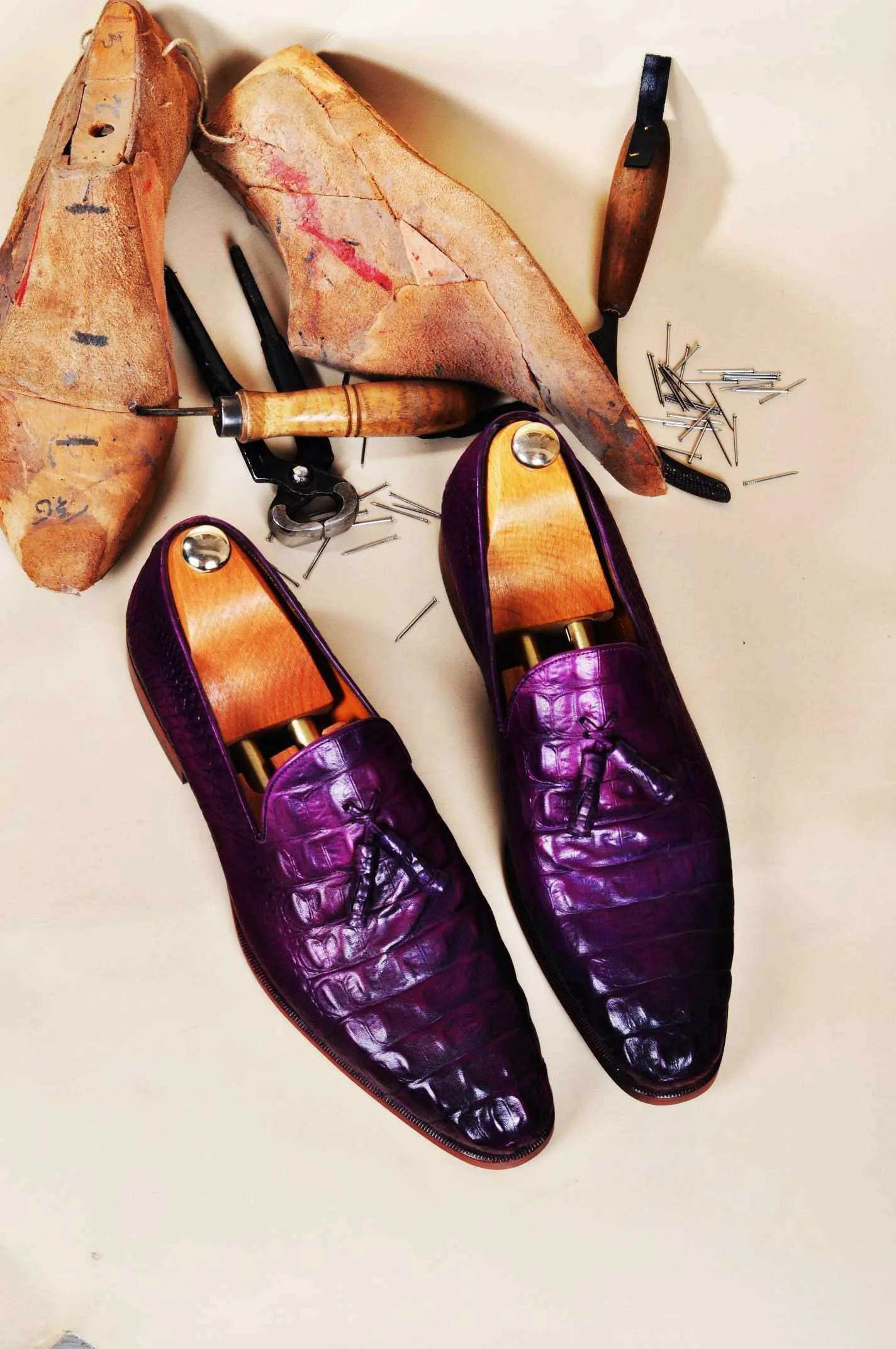 TucciPolo Men's Purple Crocodile Embossed Calfskin Luxury Tassel Loafer