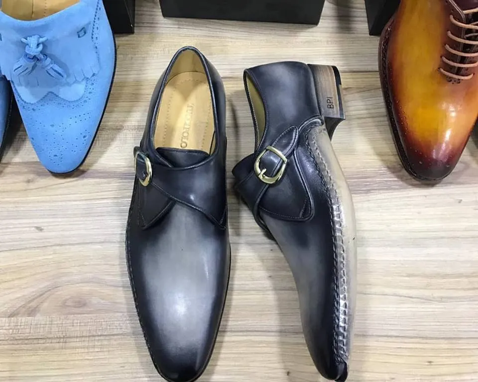 TucciPolo Men's Single-Buckle Blackish Grey Monkstraps Italian Leather Handmade Luxury Shoes