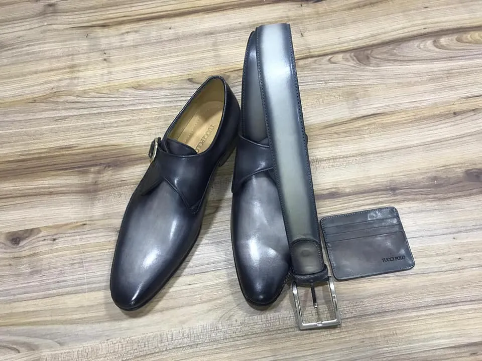 TucciPolo Men's Single-Buckle Blackish Grey Monkstraps Italian Leather Handmade Luxury Shoes