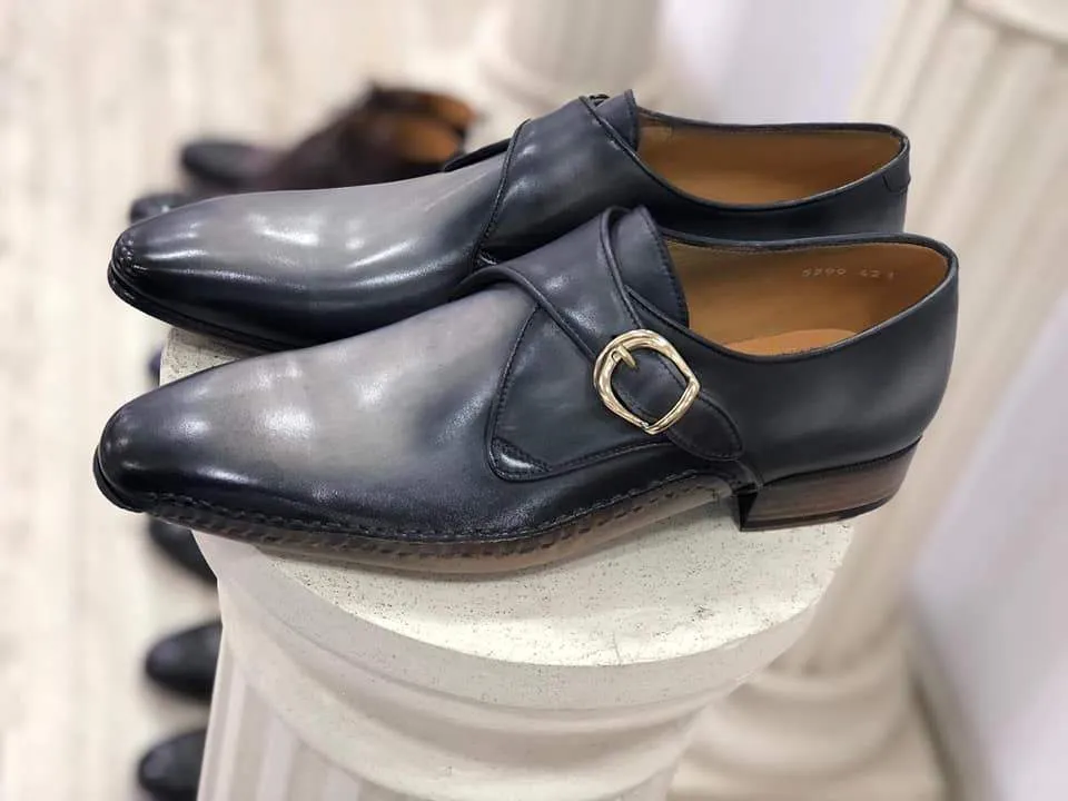 TucciPolo Men's Single-Buckle Blackish Grey Monkstraps Italian Leather Handmade Luxury Shoes