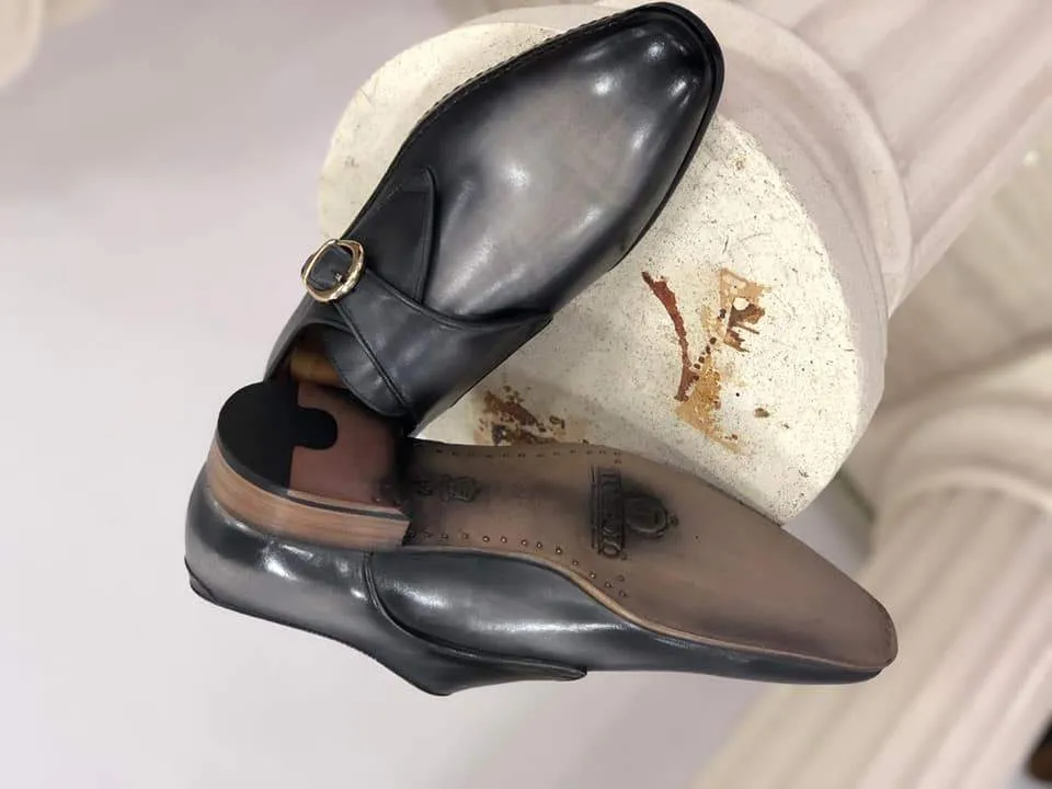 TucciPolo Men's Single-Buckle Blackish Grey Monkstraps Italian Leather Handmade Luxury Shoes