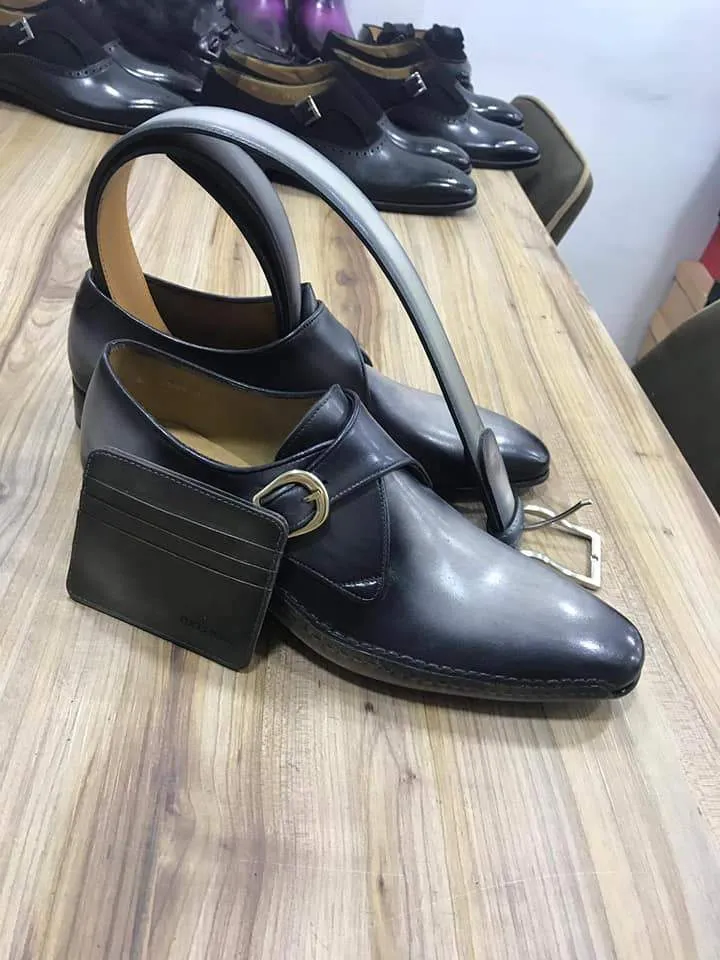 TucciPolo Men's Single-Buckle Blackish Grey Monkstraps Italian Leather Handmade Luxury Shoes