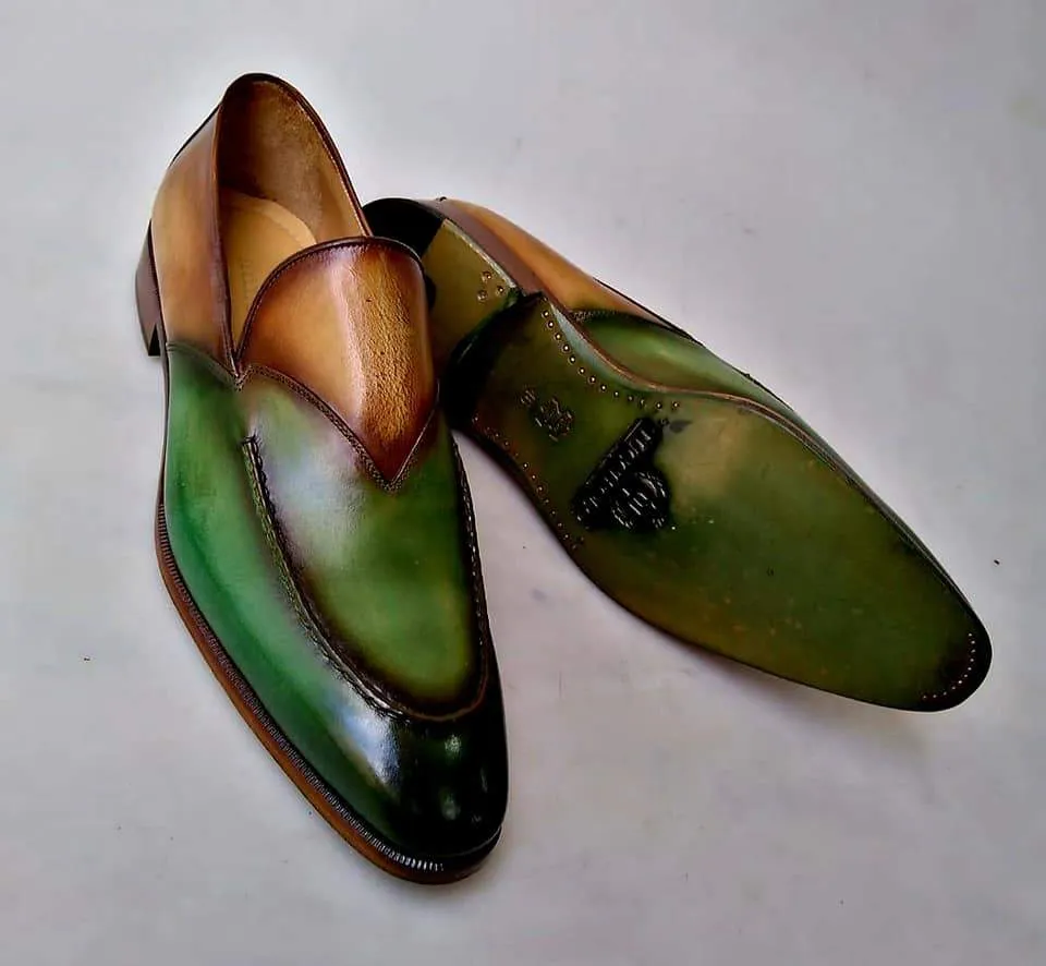 TucciPolo Mens Special Edition two tone Green & Tan Luxury Handmade Loafers