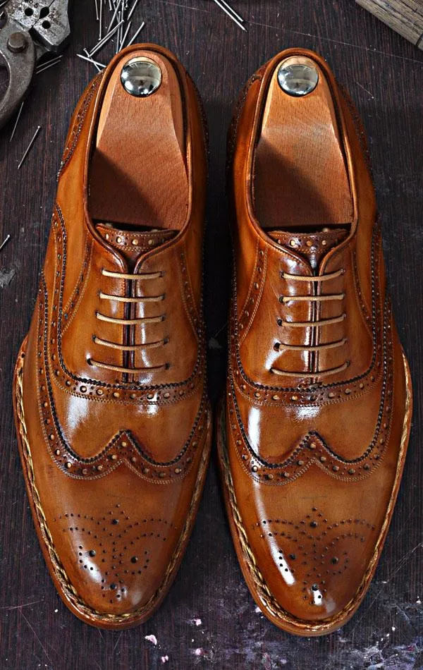 TucciPolo Men's Wingtip Oxford HandWelted Handmade Tobacco Italian Leather Luxury Dress Shoe