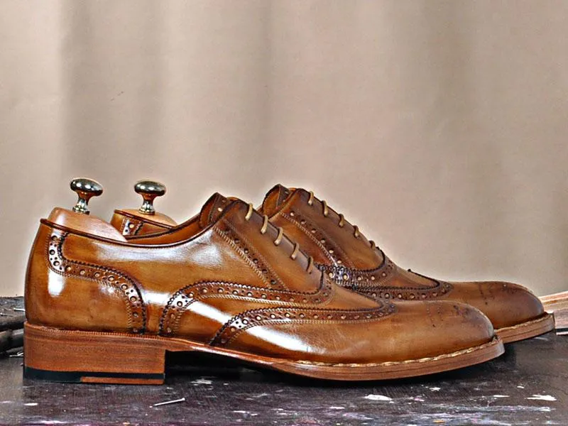 TucciPolo Men's Wingtip Oxford HandWelted Handmade Tobacco Italian Leather Luxury Dress Shoe