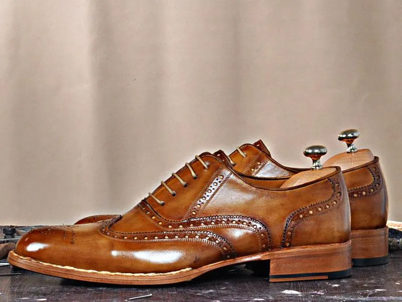 TucciPolo Men's Wingtip Oxford HandWelted Handmade Tobacco Italian Leather Luxury Dress Shoe