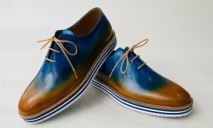TucciPolo Newest Arrival Mens Sporty Handmade Italian Leather Oxford Blueish Beige Casual Sneaker Dress Shoes