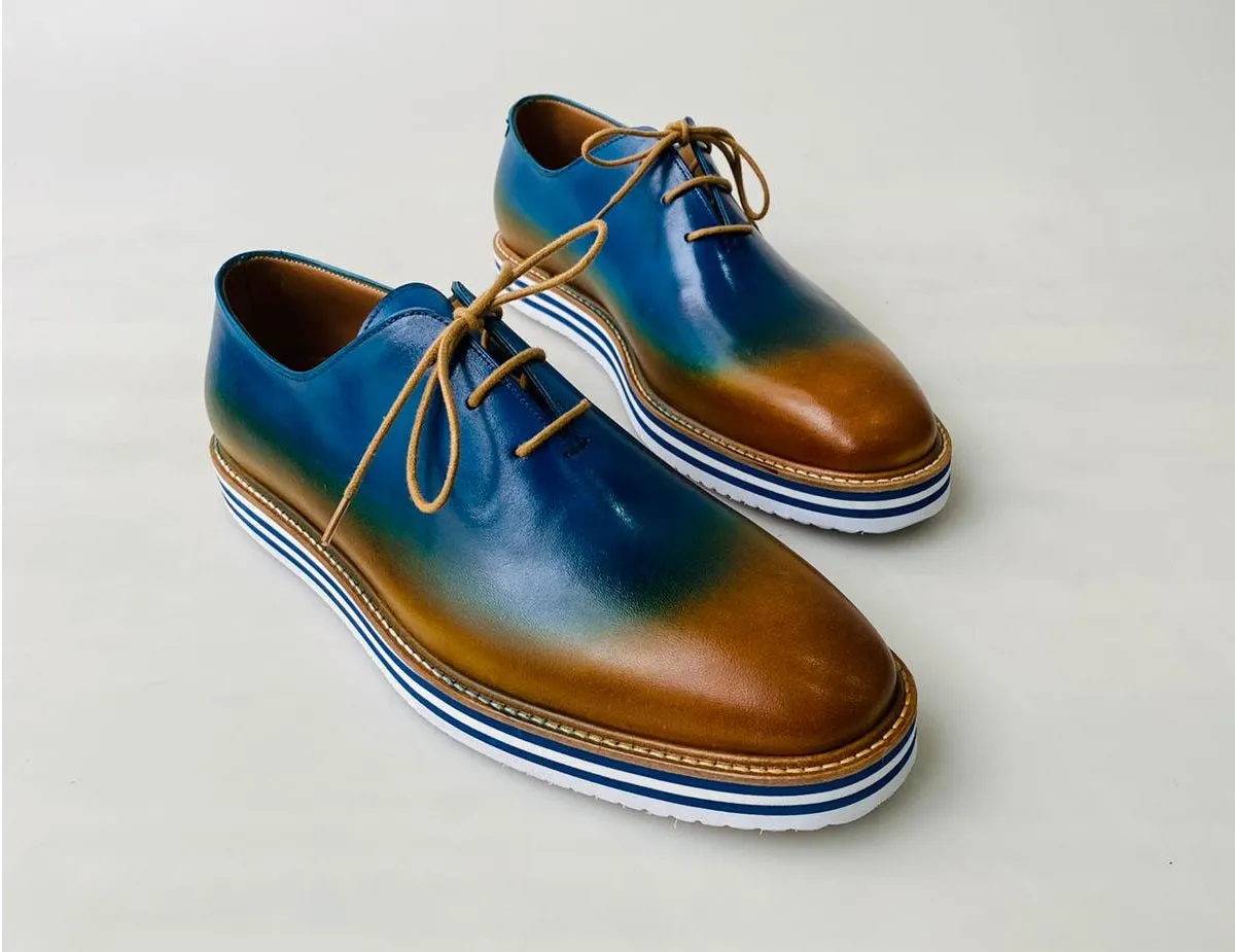TucciPolo Newest Arrival Mens Sporty Handmade Italian Leather Oxford Blueish Beige Casual Sneaker Dress Shoes