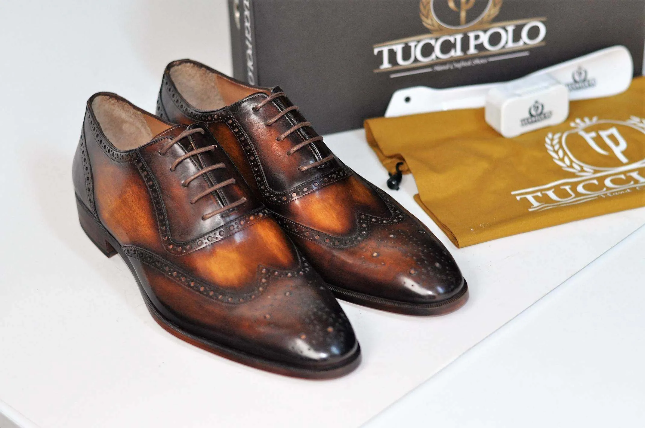 TucciPolo Oxford Wingtips Handstitched Luxury Mens Handmade Bleach Brown Italian Leather Shoe