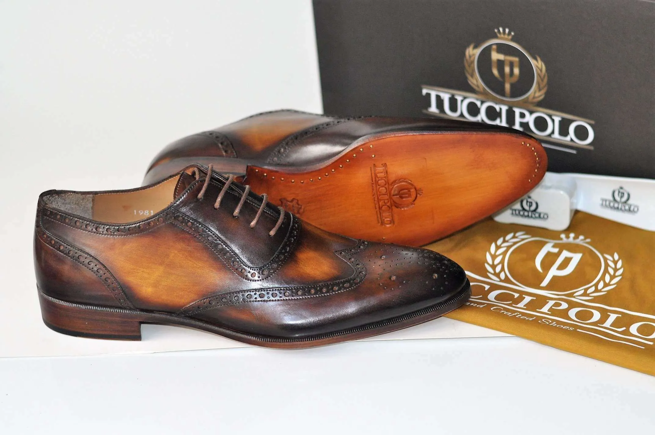 TucciPolo Oxford Wingtips Handstitched Luxury Mens Handmade Bleach Brown Italian Leather Shoe