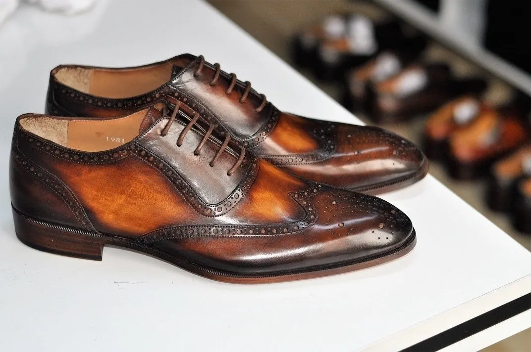 TucciPolo Oxford Wingtips Handstitched Luxury Mens Handmade Bleach Brown Italian Leather Shoe