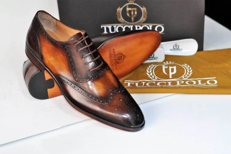 TucciPolo Oxford Wingtips Handstitched Luxury Mens Handmade Bleach Brown Italian Leather Shoe